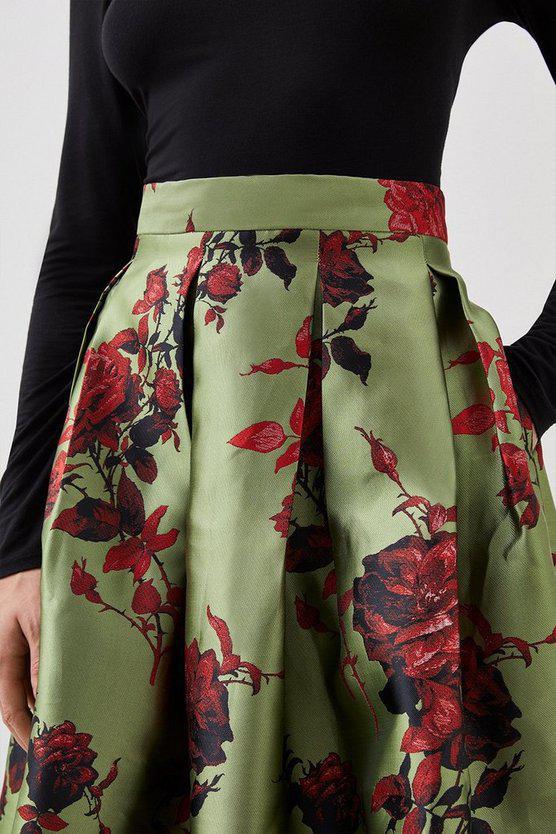Karen Millen UK SALE Lydia Millen Floral Jacquard Prom Woven Midi Skirt - green