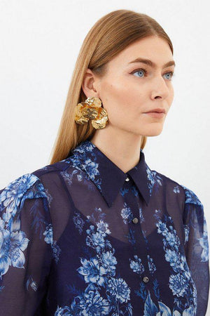 Karen Millen UK SALE Organdie Floral Placement Print Woven Tie Blouse