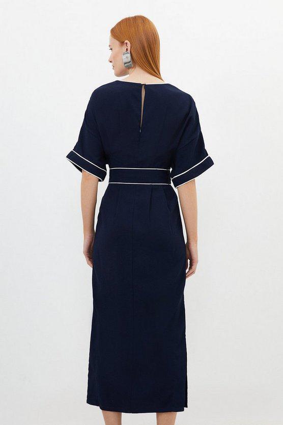 Karen Millen UK SALE Contrast Piping Satin Back Crepe Woven Midi Dress