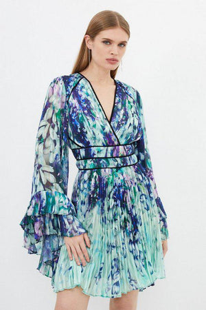 Karen Millen UK SALE Floral Drama Kimono Woven Midi Dress - blue