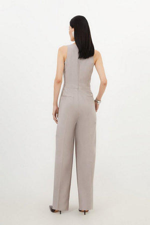 Karen Millen UK SALE Tailored Wool Blend Wide Leg Wrap Detail Jumpsuit - stone