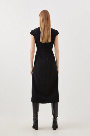 Karen Millen UK SALE Tailored Crepe High Neck Side Pleat Detail Midi Dress - mono