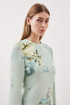 Karen Millen UK SALE Petite Garden Floral Woven Viscose Satin Midi Dress