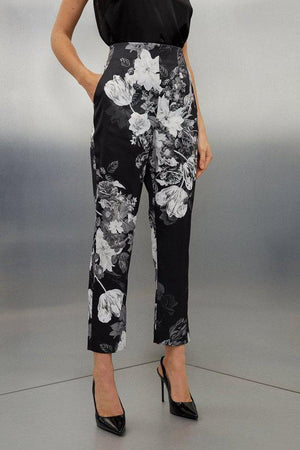 Karen Millen UK SALE Italian Structured Satin Floral Bloom Printed Trousers