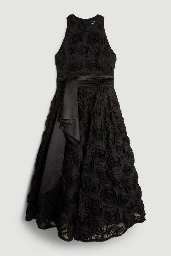 Karen Millen UK SALE Lydia Millen Petite Rosette Tulle Satin Woven Belt Prom Dress - black