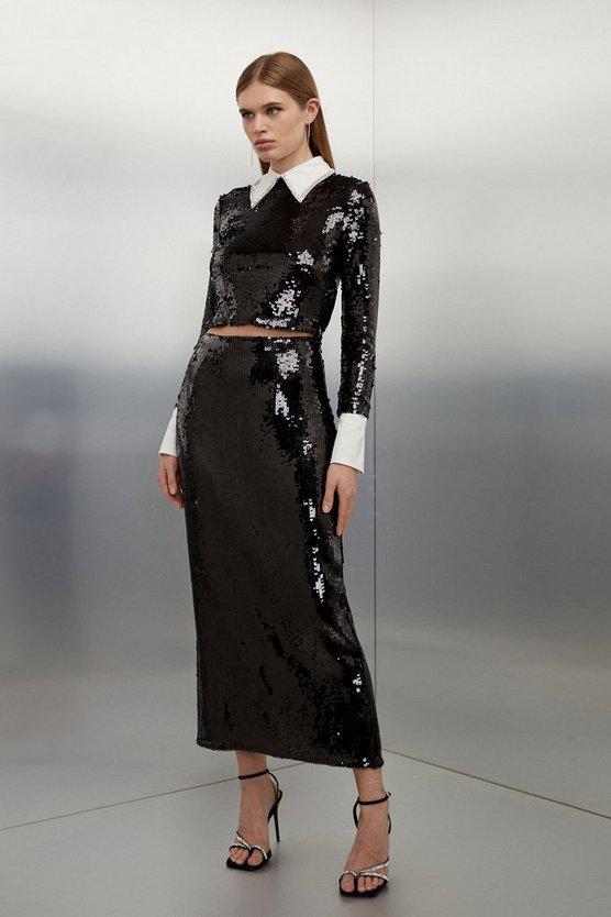 Karen Millen UK SALE Black Sequin Front Split Woven Midi Skirt