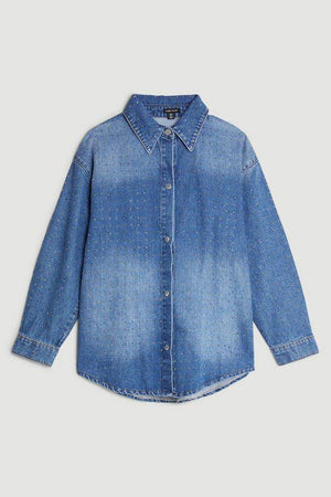 Karen Millen UK SALE Embellished Denim Shirt - mid blue