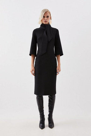 Karen Millen UK SALE The Founder Tailored Compact Stretch Neck Tie Midi Pencil Dress - black