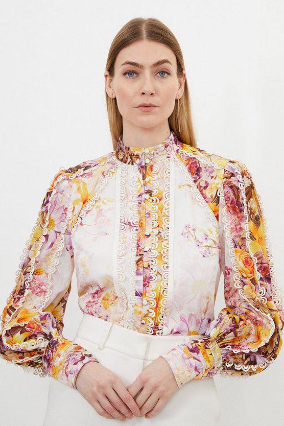 Karen Millen UK SALE Trailing Floral Woven High Neck Blouse