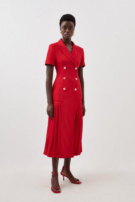 Karen Millen UK SALE Pleated Woven Midi Blazer Dress - red