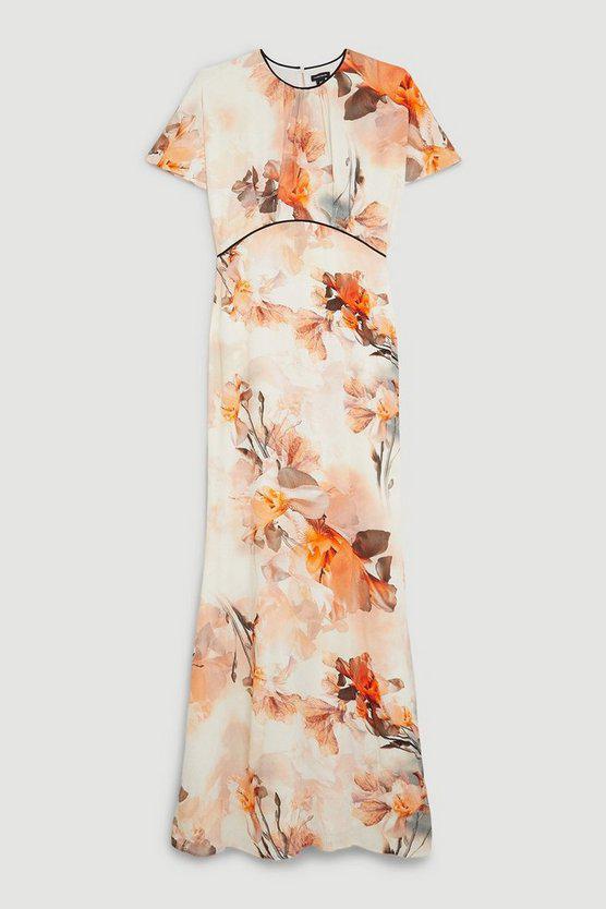 Karen Millen UK SALE Blurred Floral Woven Column Angel Sleeve Maxi Dress