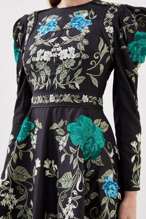 Karen Millen UK SALE Floral Embrodiered and Beaded Open Back Woven Mini Dress