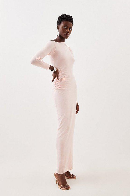 Karen Millen UK SALE Viscose Blend Asymmetric Ruched Knit Maxi Dress - soft pink