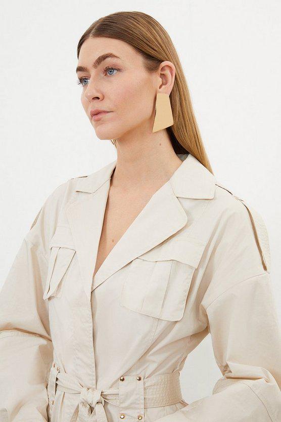 Karen Millen UK SALE Cotton Sateen Woven Maxi Shirt Dress - stone