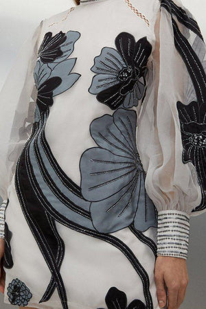 Karen Millen UK SALE Applique Organdie Floral Graphic Woven Mini Dress - silver