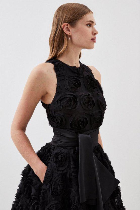 Karen Millen UK SALE Lydia Millen Rosette Tulle Satin Belt Woven Prom Dress - black