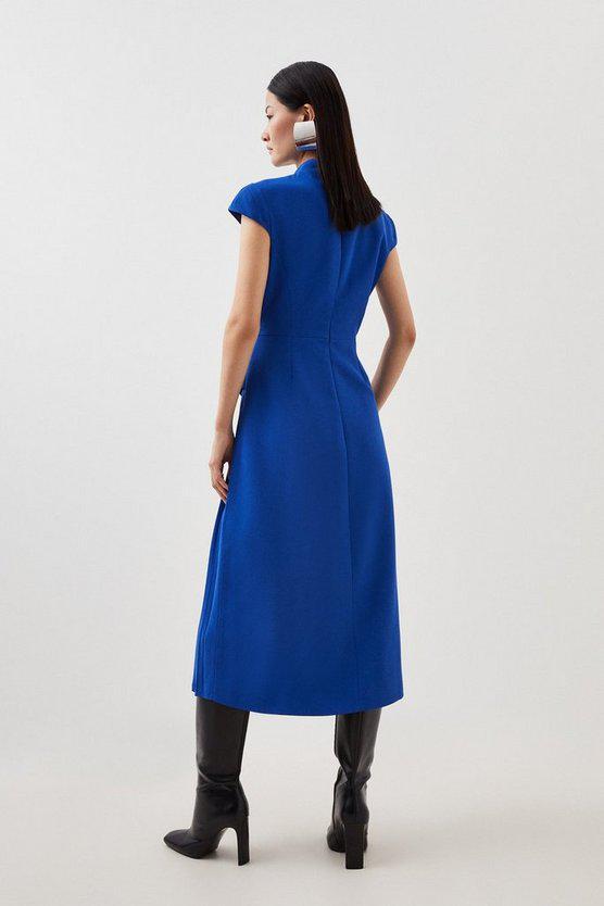 Karen Millen UK SALE Tailored Crepe High Neck Side Pleat Detail Midi Dress - cobalt
