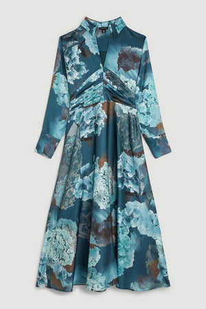 Karen Millen UK SALE Abstract Floral Draped Satin Woven Midi Dress
