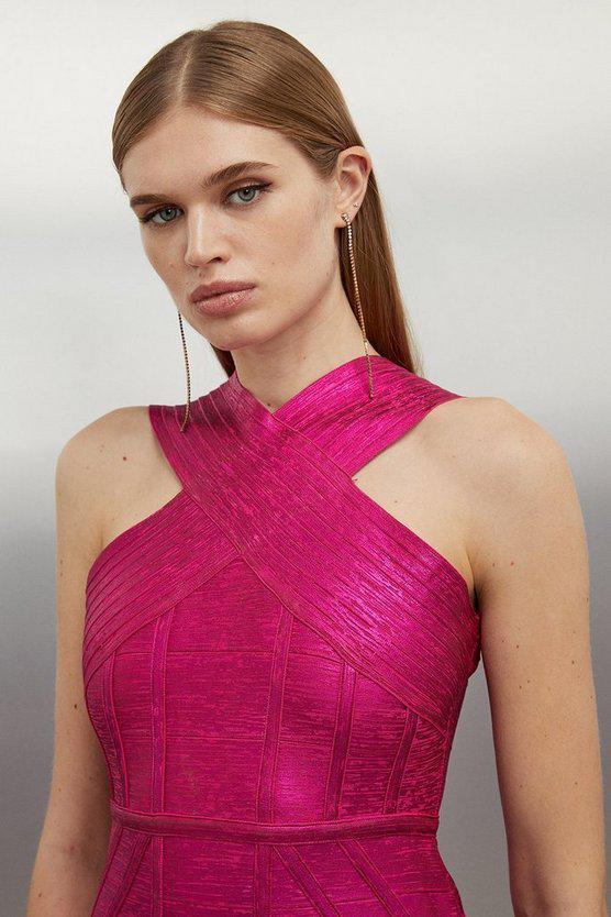 Karen Millen UK SALE Figure Form Bandage Foiled Cross Front Knit Midi Dress - pink