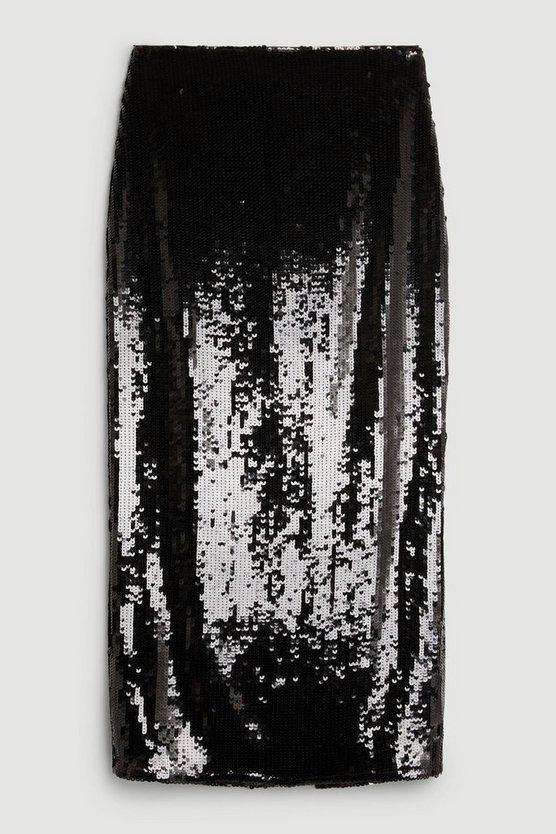 Karen Millen UK SALE Black Sequin Front Split Woven Midi Skirt