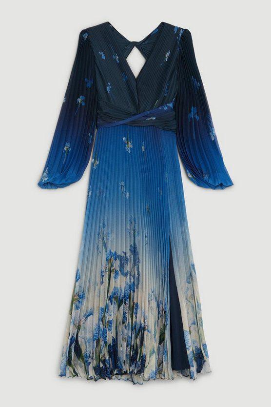 Karen Millen UK SALE Scattered Floral Print Pleated Split Maxi Dress