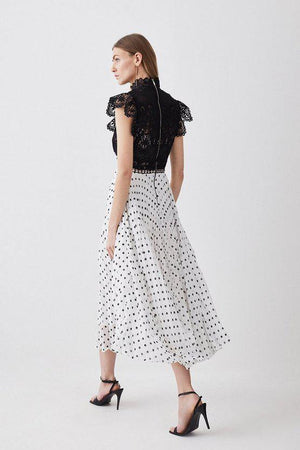 Karen Millen UK SALE Guipure Lace Dot Pleated Skirt Midi Dress