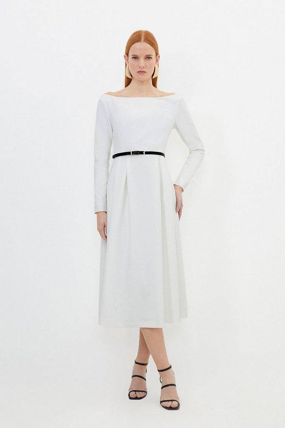Karen Millen UK SALE Compact Stretch Off Shoulder Full Skirt Tailored Midi Dress - ivory