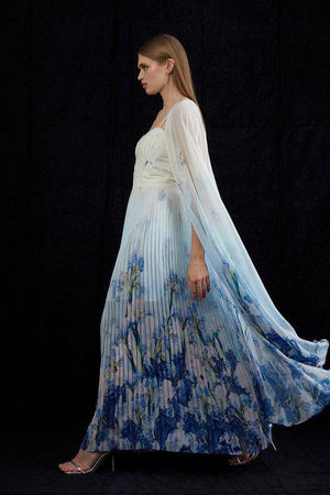 Karen Millen UK SALE Scattered Floral Print Woven Pleated Cape Maxi Dress