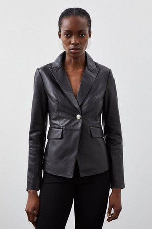 Karen Millen UK SALE Leather Single Breasted Blazer - black