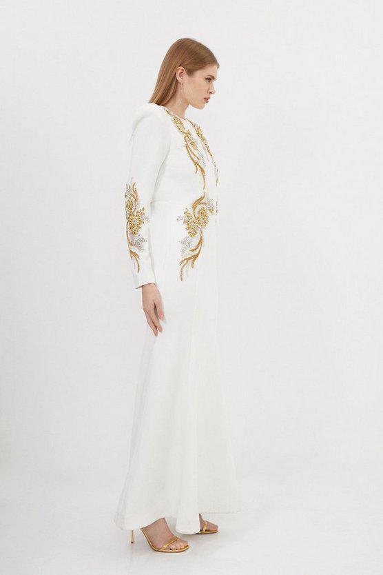 Karen Millen UK SALE Premium Crystal Power Shoulder Embellished Woven Maxi Dress