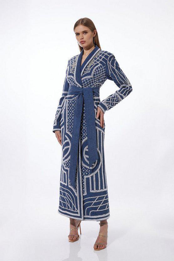 Karen Millen UK SALE Pearl Embellished Woven Denim Maxi Blazer Dress