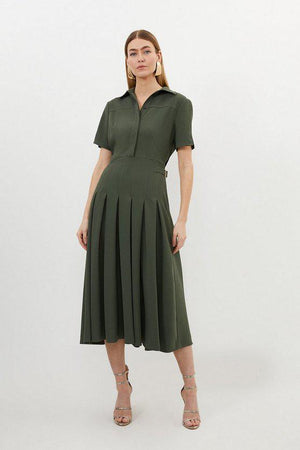Karen Millen UK SALE Tailored Crepe Short Sleeve Pleated Midi Dress - khaki