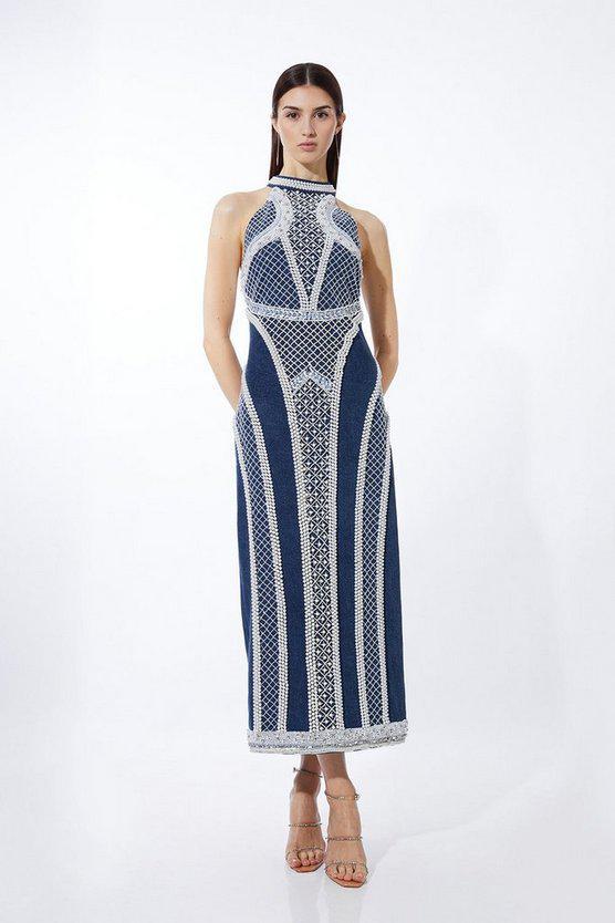Karen Millen UK SALE Embellished Pearl Denim Woven Maxi Dress
