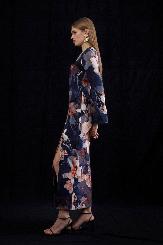 Karen Millen UK SALE Contrast Satin Floral Long Sleeve Woven Midi Dress