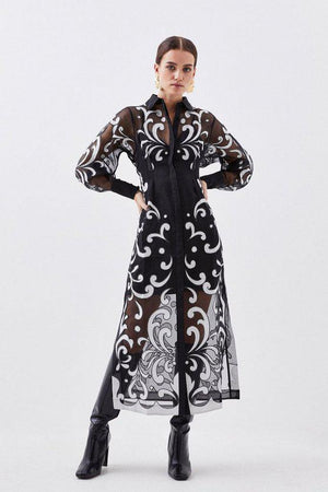 Karen Millen UK SALE Tall Applique Organdie Woven Midi Shirt Dress