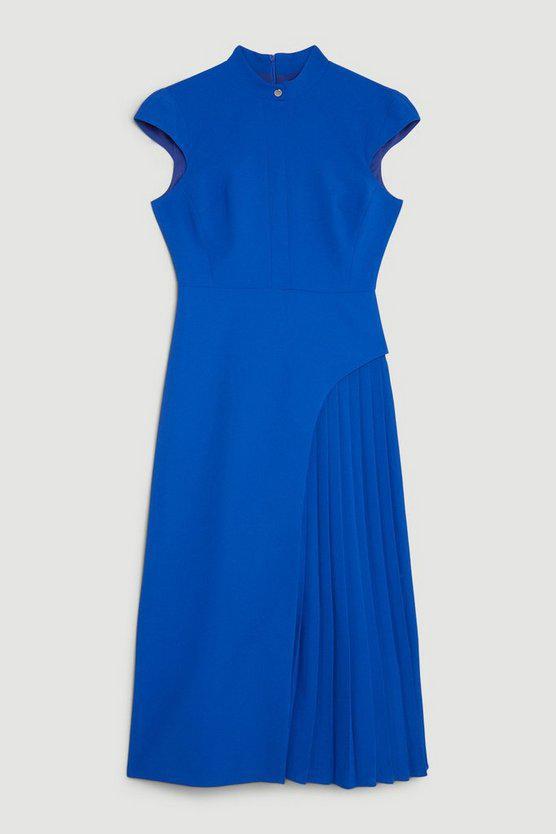 Karen Millen UK SALE Tailored Crepe High Neck Side Pleat Detail Midi Dress - cobalt