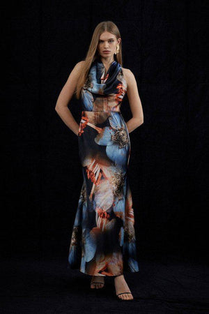 Karen Millen UK SALE Photographic Floral Woven Satin Maxi Dress